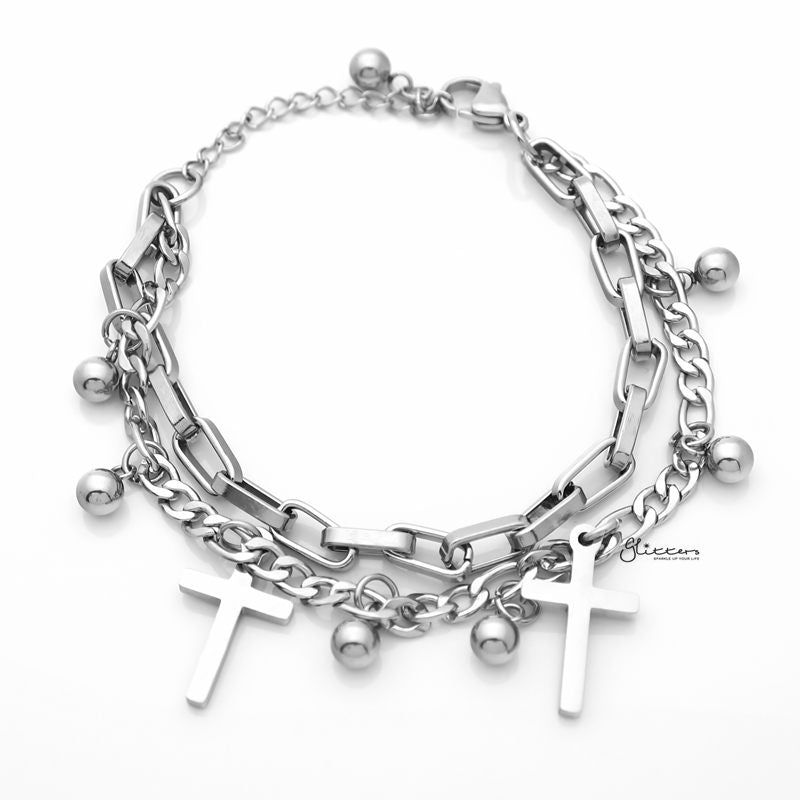 Double Layered Women's Bracelet with Dangle Cross Charms - Silver-Bracelets, Jewellery, Stainless Steel, Stainless Steel Bracelet, Women's Bracelet, Women's Jewellery-SB0073-S_800-Glitters