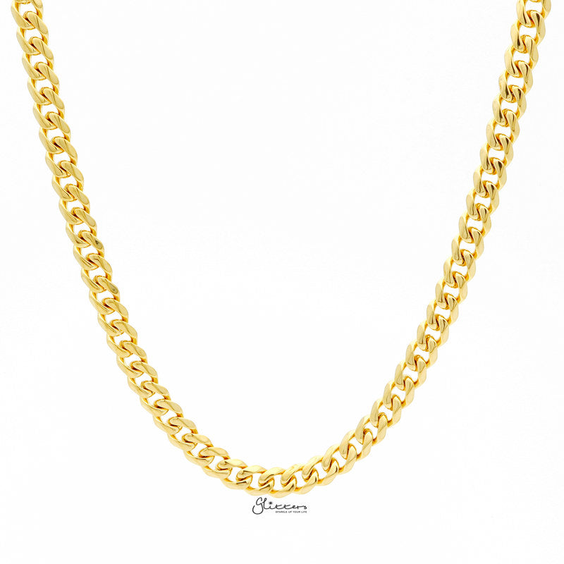 Gold I.P Stainless Steel Beveled Cuban Chain Necklaces - 7mm width-Chain Necklaces, Jewellery, Men's Chain, Men's Jewellery, Men's Necklace, Necklaces, Stainless Steel, Stainless Steel Chain-SC0040-1-Glitters