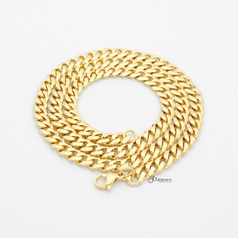 Gold I.P Stainless Steel Beveled Cuban Chain Necklaces - 7mm width-Chain Necklaces, Jewellery, Men's Chain, Men's Jewellery, Men's Necklace, Necklaces, Stainless Steel, Stainless Steel Chain-1-Glitters