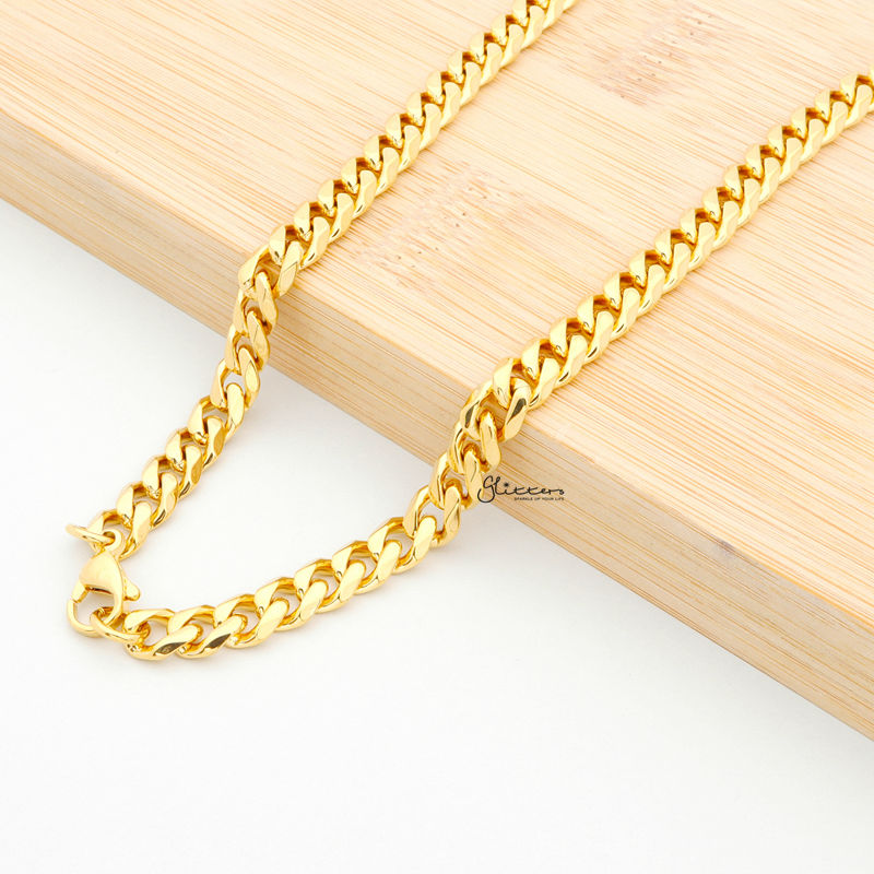Gold I.P Stainless Steel Beveled Cuban Chain Necklaces - 7mm width-Chain Necklaces, Jewellery, Men's Chain, Men's Jewellery, Men's Necklace, Necklaces, Stainless Steel, Stainless Steel Chain-SC0040-3-Glitters