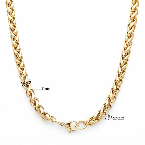 18K Gold I.P Stainless Steel Braided Wheat Chain Men's Necklaces - 7mm width | 61cm length-Chain Necklaces, Jewellery, Men's Chain, Men's Jewellery, Men's Necklace, Necklaces, Stainless Steel, Stainless Steel Chain-SC0053-02_New-Glitters