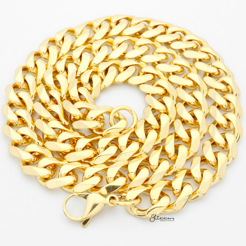 Gold I.P Stainless Steel Beveled Cuban Chain Necklace - 13mm width-Chain Necklaces, Jewellery, Men's Chain, Men's Jewellery, Men's Necklace, Necklaces, Stainless Steel, Stainless Steel Chain-SC0093_3-Glitters