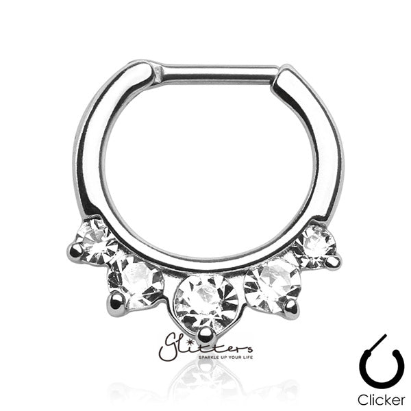 316L Surgical Steel Five Pronged Gems Septum Clicker-Clear-Body Piercing Jewellery, Cubic Zirconia, Nose, Septum Ring-SEP-60-C-1-Glitters