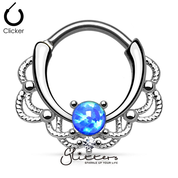 Single Blue Opal Lacey Decoration Septum Clicker Ring-Body Piercing Jewellery, Nose, Septum Ring-SEP2-29-OP05-1-Glitters
