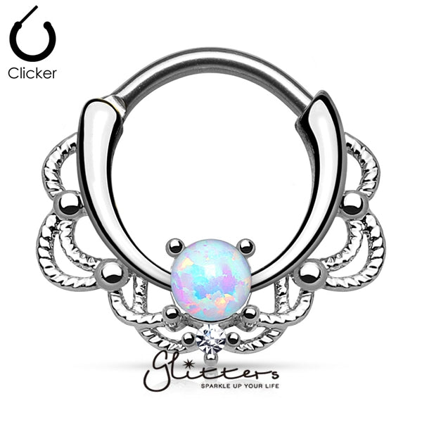 Single White Opal Lacey Decoration Septum Clicker Ring-Body Piercing Jewellery, Nose, Septum Ring-SEP2-29-OP17-2-Glitters