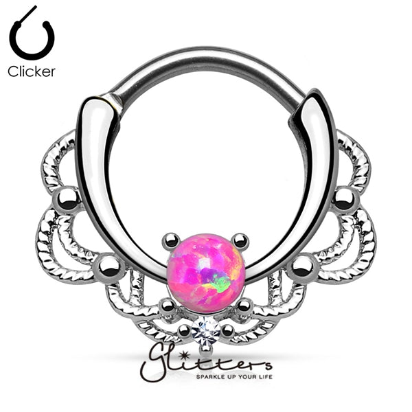Single Pink Opal Lacey Decoration Septum Clicker Ring-Body Piercing Jewellery, Nose, Septum Ring-SEP2-29-OP22-3-Glitters