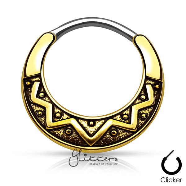 Tribal Fan Design Surgical Steel Round Septum Clicker-Antique Gold-Body Piercing Jewellery, Nose, Septum Ring-SEP2-79-ATG-1-Glitters
