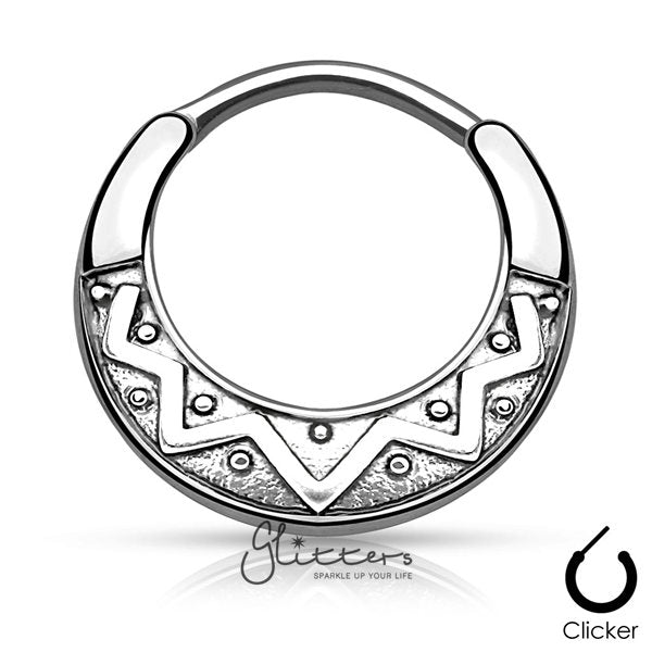 Tribal Fan Design Round Surgical Steel Septum Clicker-Rhodium-Body Piercing Jewellery, Nose, Septum Ring-SEP2-79-ST-2-Glitters
