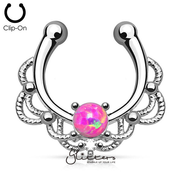 Non Piercing Lacey Single Opal Pink Fake Septum Hanger-Body Piercing Jewellery, Nose, Septum Ring-SEPR-29-OP22-3-Glitters