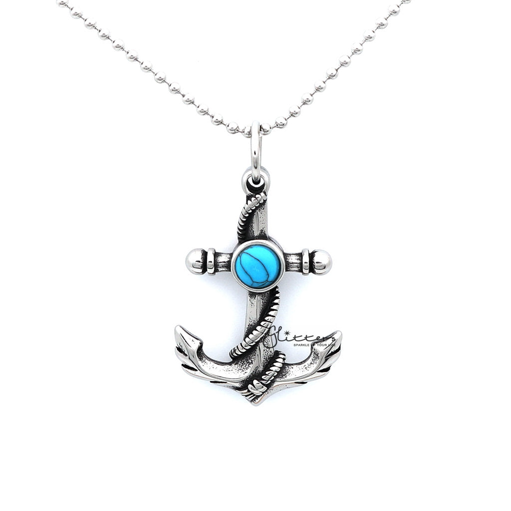 Stainless Steel Anchor and Rope Pendant with Turquoises-Jewellery, Men's Jewellery, Men's Necklace, Necklaces, Pendants, Stainless Steel, Stainless Steel Pendant-SP0236_1000-04-Glitters