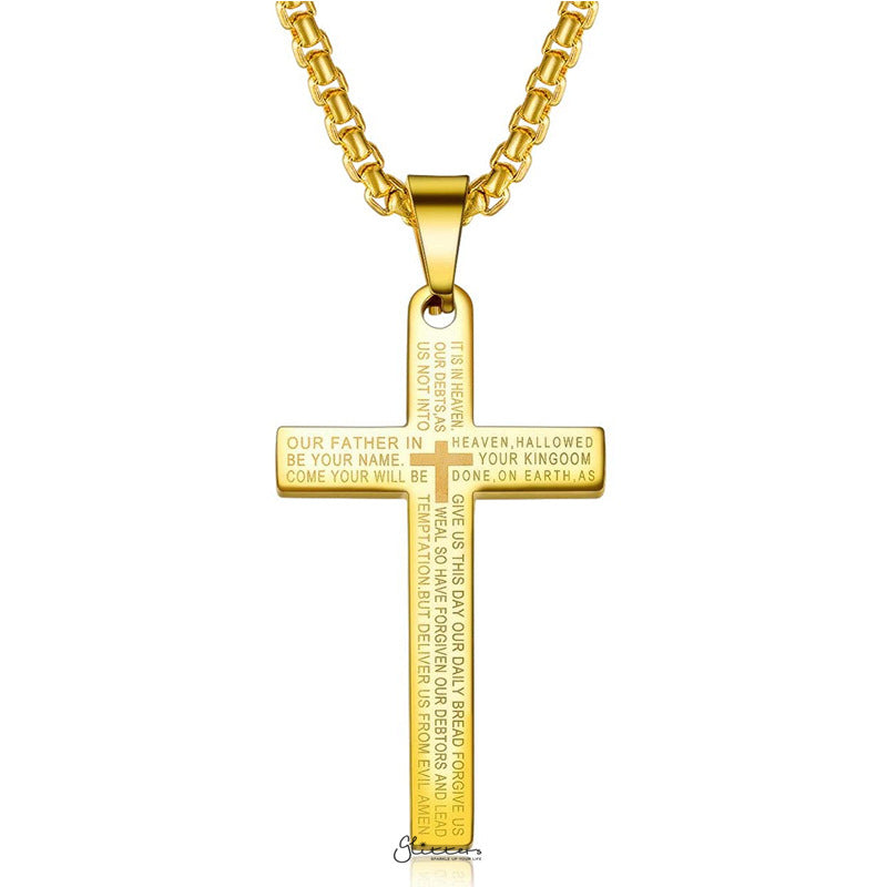 Lord's Prayer Cross Stainless Steel Pendant - Gold-Jewellery, Men's Jewellery, Men's Necklace, Necklaces, Pendants, Stainless Steel, Stainless Steel Pendant-SP0266-G1_1-Glitters