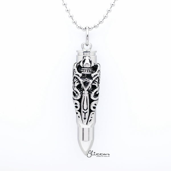 Stainless Steel Openable Bullet Pendant with Two Dragons and Sword-Cubic Zirconia, Jewellery, Men's Jewellery, Men's Necklace, Necklaces, Pendants, Stainless Steel, Stainless Steel Pendant-SP0275-S-Glitters