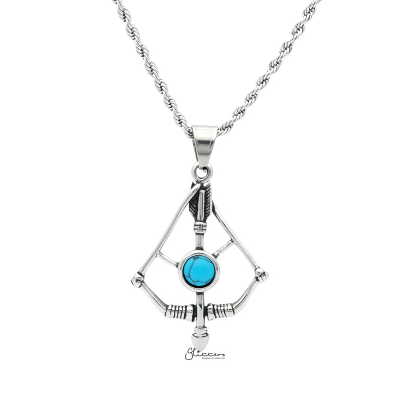 Stainless Steel Bow and Arrow With Turquoise Centre Pendant-Jewellery, Men's Jewellery, Men's Necklace, Necklaces, Pendants, Stainless Steel, Stainless Steel Pendant-SP0283-1_1-Glitters