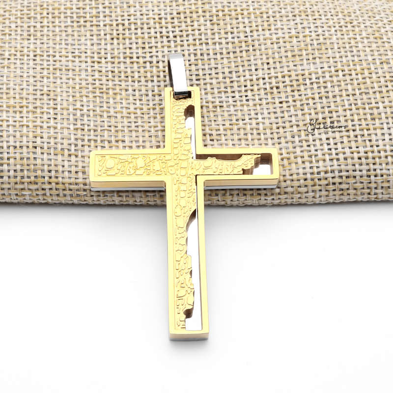 Double Layer Cross Pendant with Pattern - Gold-Jewellery, Men's Jewellery, Men's Necklace, Necklaces, Pendants, Stainless Steel, Stainless Steel Pendant-SP0303-G1_800-Glitters