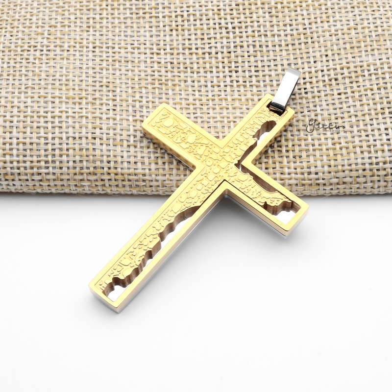 Double Layer Cross Pendant with Pattern - Gold-Jewellery, Men's Jewellery, Men's Necklace, Necklaces, Pendants, Stainless Steel, Stainless Steel Pendant-SP0303-G2_800-Glitters