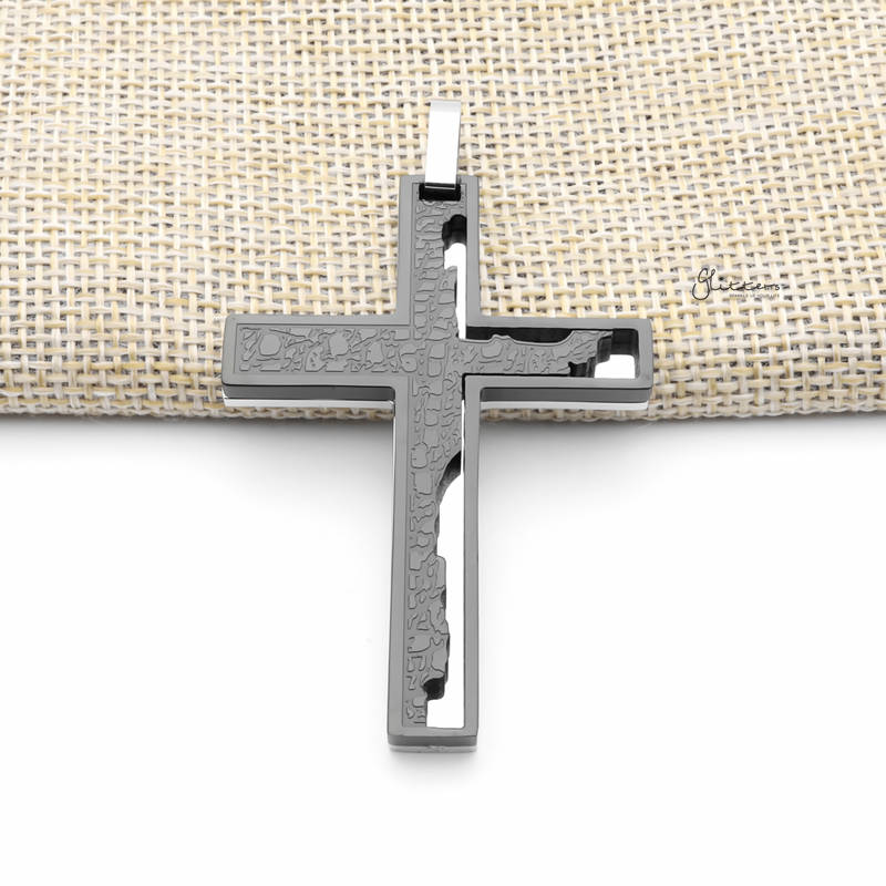Double Layer Cross Pendant with Pattern - Black-Jewellery, Men's Jewellery, Men's Necklace, Necklaces, Pendants, Stainless Steel, Stainless Steel Pendant-SP0303-K1_800-Glitters