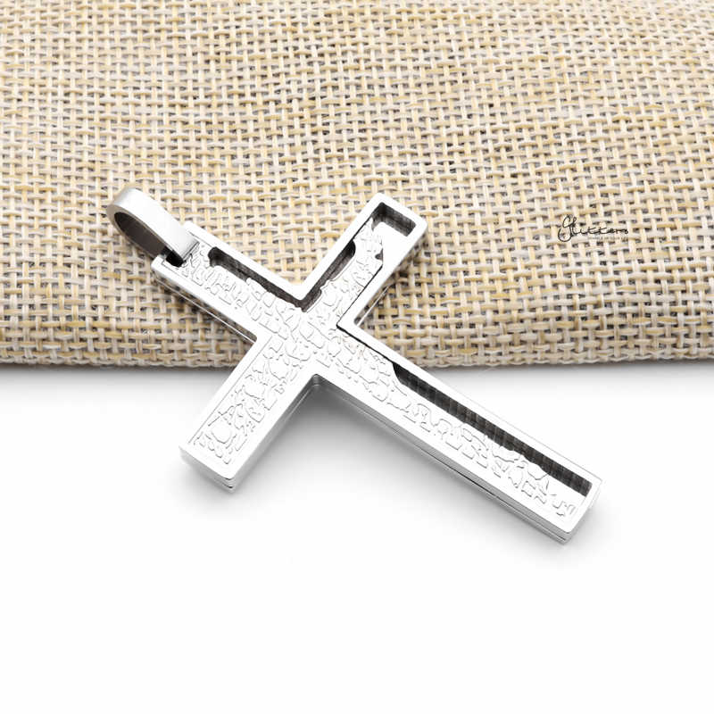 Double Layer Cross Pendant with Pattern - Silver-Jewellery, Men's Jewellery, Men's Necklace, Necklaces, Pendants, Stainless Steel, Stainless Steel Pendant-SP0303-S2_800-Glitters