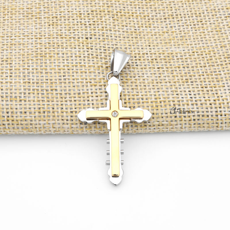 Double Layer Gold Cross with CZ Pendant-Jewellery, Men's Jewellery, Men's Necklace, Necklaces, Pendants, Stainless Steel, Stainless Steel Pendant-SP0313-1_800-Glitters
