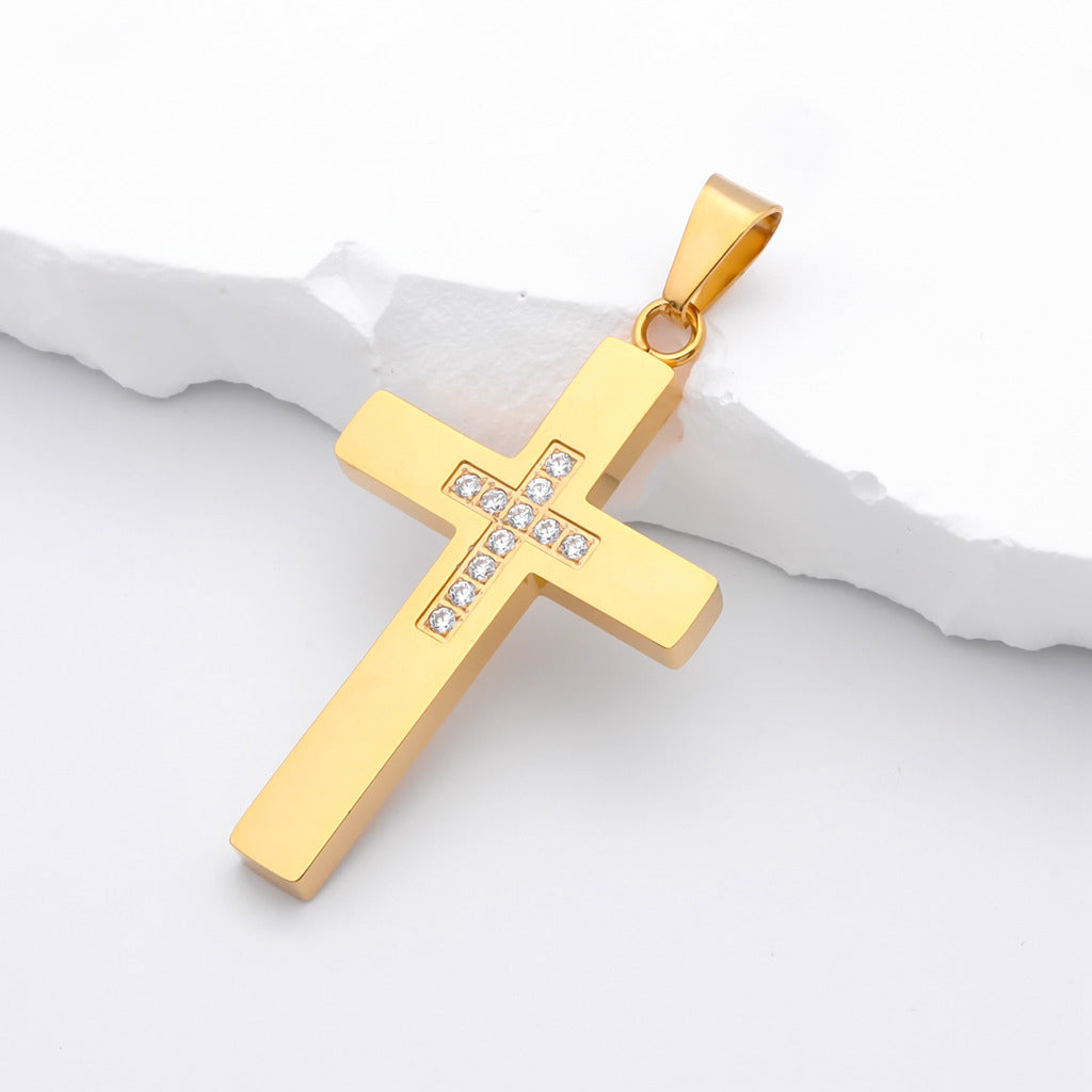 Cross Pendant with C.Z Inlaid in the Middle - Gold-Cubic Zirconia, Jewellery, Men's Jewellery, Men's Necklace, Necklaces, New, Pendants, Stainless Steel, Stainless Steel Pendant-SP0317-G1_1-Glitters