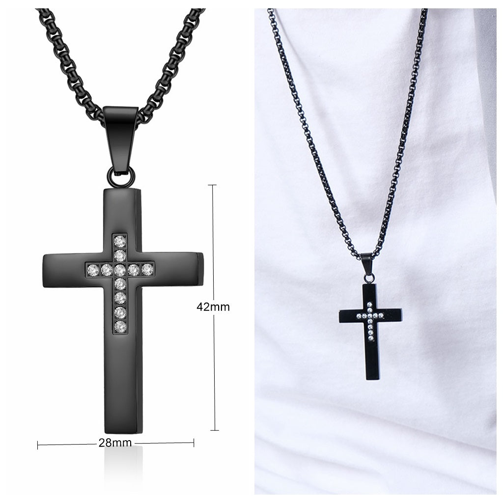Cross Pendant with C.Z Inlaid in the Middle - Black-Cubic Zirconia, Jewellery, Men's Jewellery, Men's Necklace, Necklaces, New, Pendants, Stainless Steel, Stainless Steel Pendant-SP0317-K4_New-Glitters