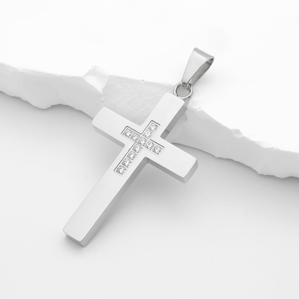 Cross Pendant with C.Z Inlaid in the Middle - Silver-Cubic Zirconia, Jewellery, Men's Jewellery, Men's Necklace, Necklaces, New, Pendants, Stainless Steel, Stainless Steel Pendant-SP0317-S1_1-Glitters