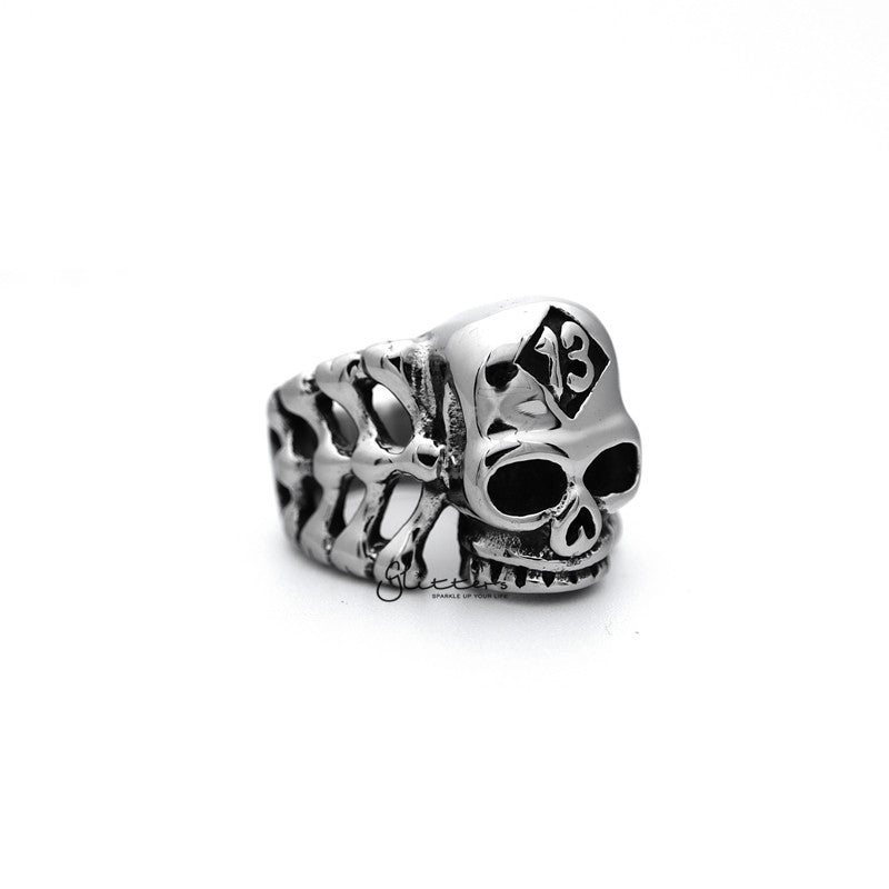 Stainless Steel Skull Head and Bones with #13 Casting Men's Rings-Jewellery, Men's Jewellery, Men's Rings, Rings, Stainless Steel, Stainless Steel Rings-SR0153_800-03-Glitters