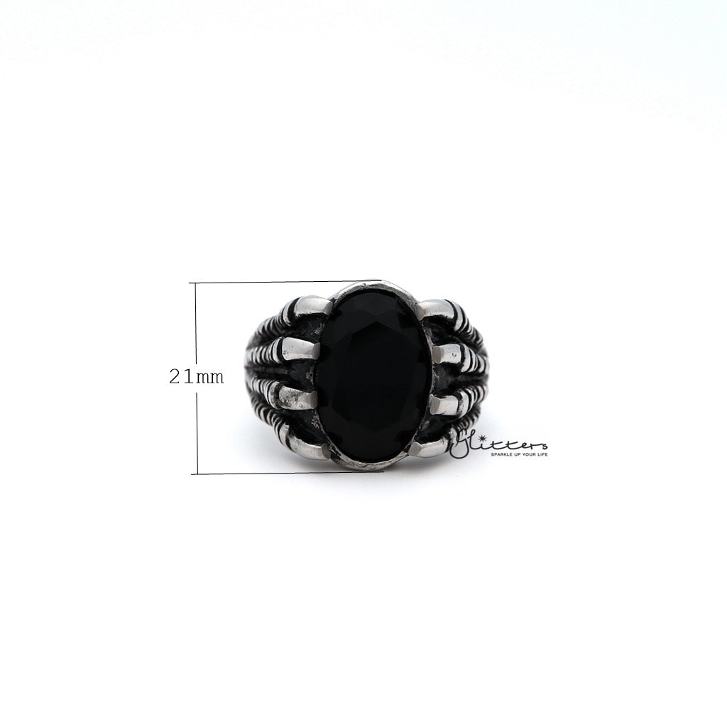 Men's Antiqued Stainless Steel Claw with Black CZ Stone Casting Rings-Cubic Zirconia, Jewellery, Men's Jewellery, Men's Rings, Rings, Stainless Steel, Stainless Steel Rings-SR0210_1000-01_New-Glitters