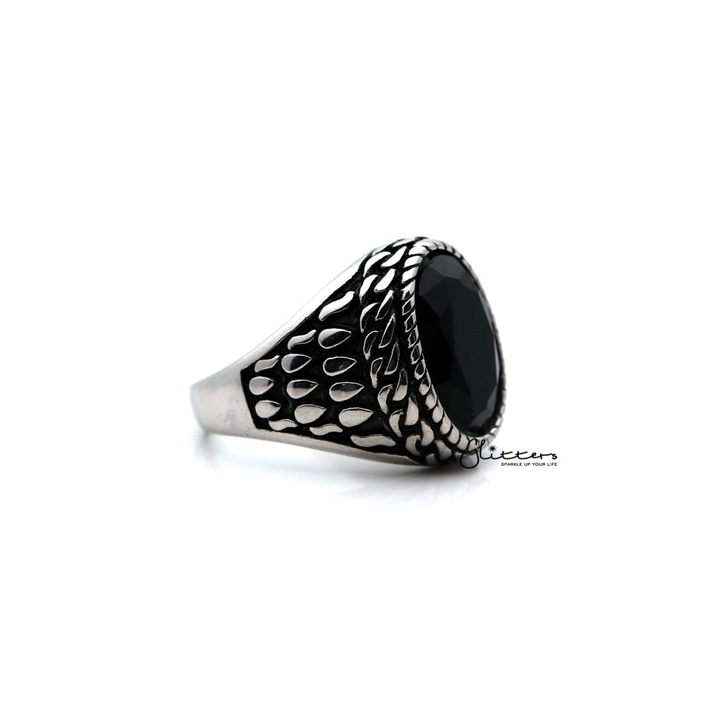 Men's Antiqued Stainless Steel Casting Rings with Black Oval CZ Stone-Cubic Zirconia, Jewellery, Men's Jewellery, Men's Rings, Rings, Stainless Steel, Stainless Steel Rings-SR0211_1000-03-Glitters