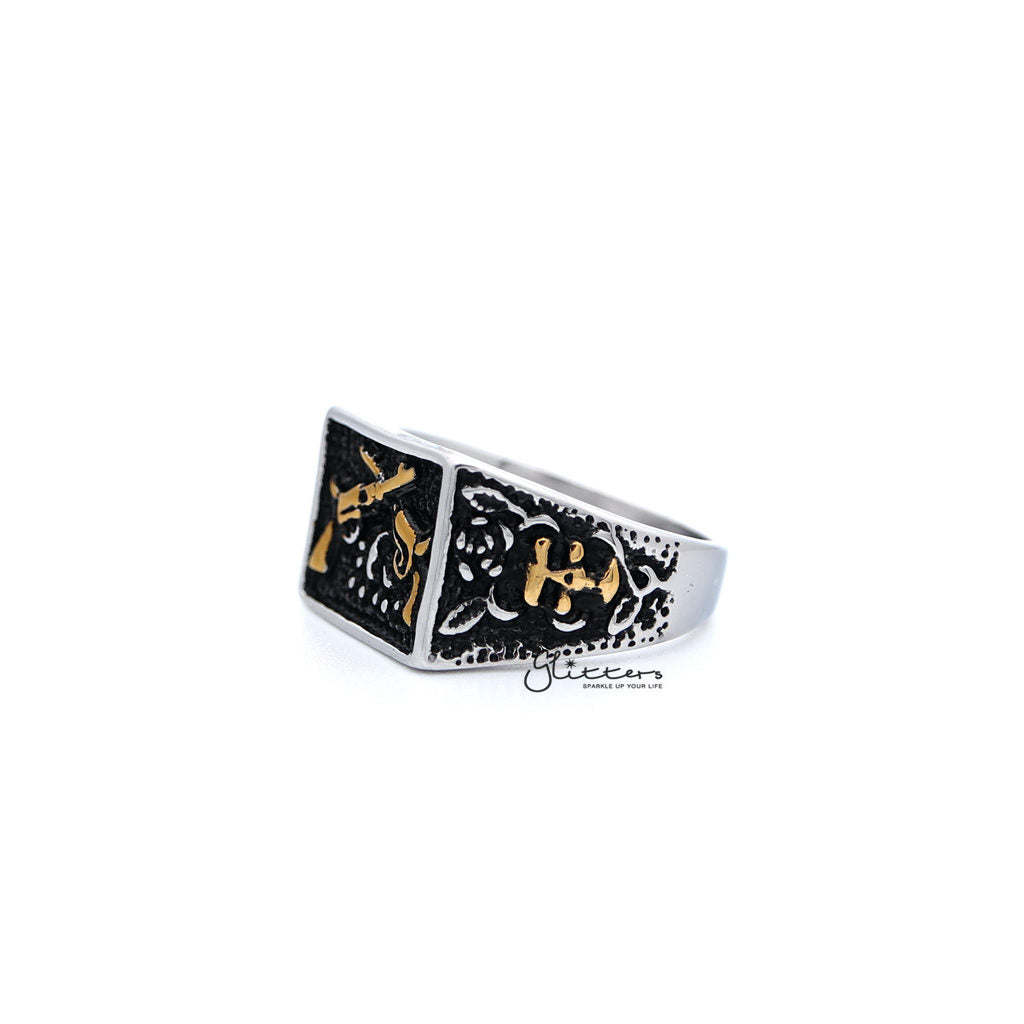 Stainless Steel Antiqued Two Tone Square with Crossed Guns Casting Men's Rings-Jewellery, Men's Jewellery, Men's Rings, Rings, Stainless Steel, Stainless Steel Rings-SR0245_1000-02-Glitters