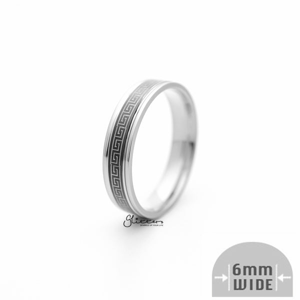 6mm Silver Greek Key on Black Background Stainless Steel Band Rings-Jewellery, Men's Jewellery, Men's Rings, Rings, Stainless Steel, Stainless Steel Rings-SR0269-01_600-Glitters