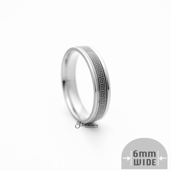 6mm Silver Greek Key on Black Background Stainless Steel Band Rings-Jewellery, Men's Jewellery, Men's Rings, Rings, Stainless Steel, Stainless Steel Rings-SR0269-02_600-Glitters
