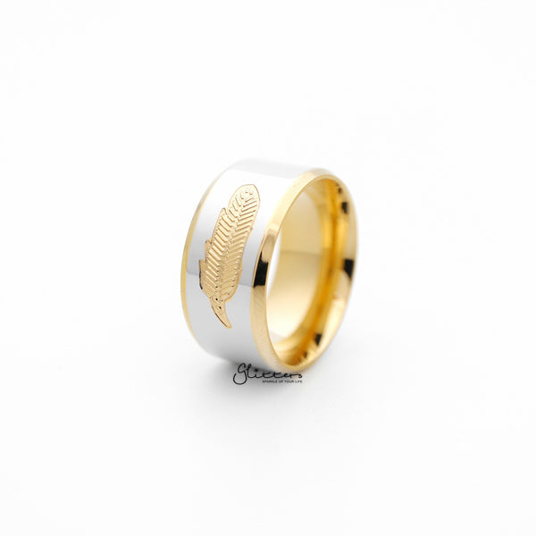 Stainless Steel 10mm Wide 2-Tone Polished with Golden feather Center Band Ring-Jewellery, Men's Jewellery, Men's Rings, Rings, Stainless Steel, Stainless Steel Rings-SR0271-01_600-Glitters