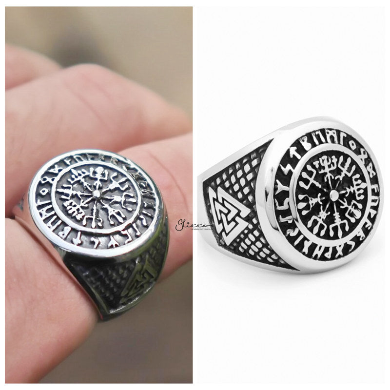 Viking Compass Stainless Steel Ring with Valknut Symbols-Jewellery, Men's Jewellery, Men's Rings, Rings, Stainless Steel, Stainless Steel Rings-SR0300-5-Glitters