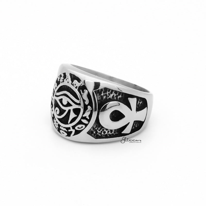 Egyptian Eye Stainless Steel Ring with Ankh Symbols-Jewellery, Men's Jewellery, Men's Rings, Rings, Stainless Steel, Stainless Steel Rings-SR0302-2_1-Glitters