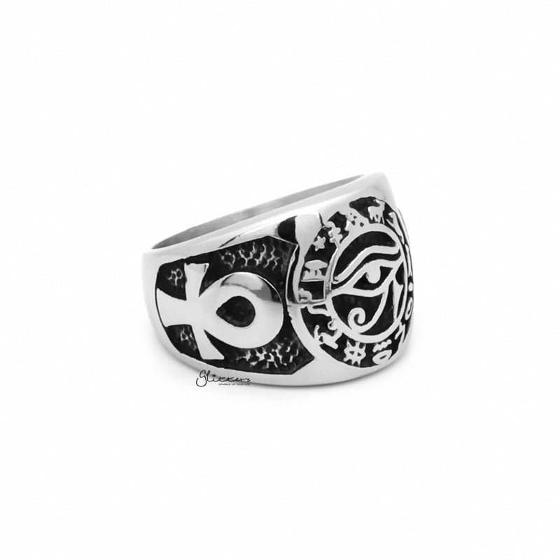 Egyptian Eye Stainless Steel Ring with Ankh Symbols-Jewellery, Men's Jewellery, Men's Rings, Rings, Stainless Steel, Stainless Steel Rings-SR0302-3_1-Glitters