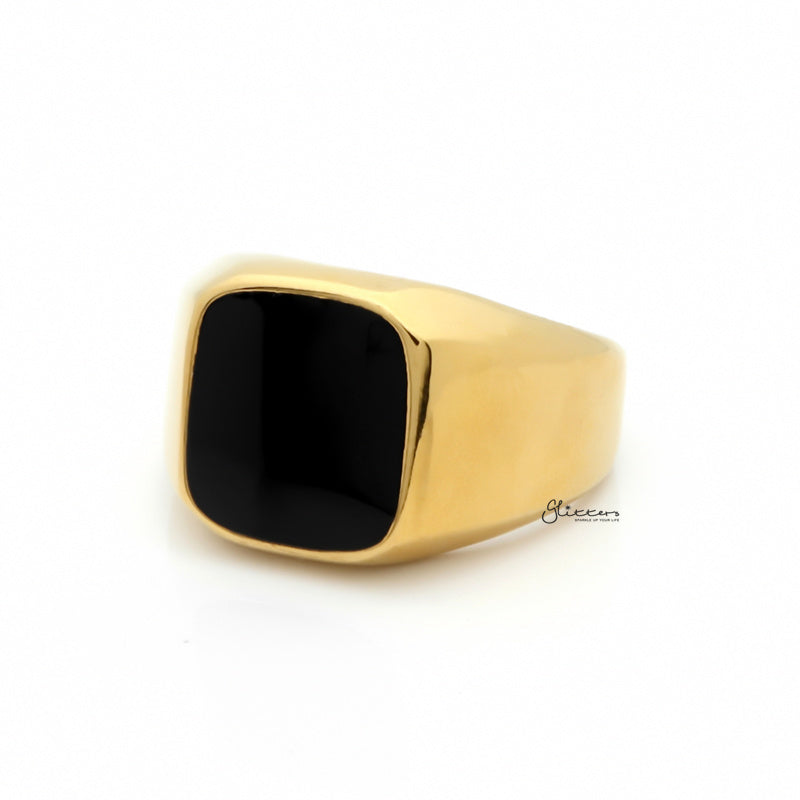 Black Square Flat Top Stainless Steel Signet Ring - Gold-Jewellery, Men's Jewellery, Men's Rings, Rings, Stainless Steel, Stainless Steel Rings-SR0307-2_1-Glitters