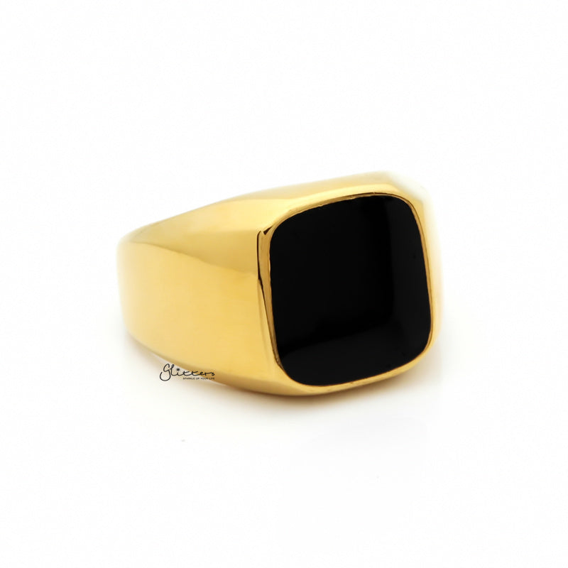 Black Square Flat Top Stainless Steel Signet Ring - Gold-Jewellery, Men's Jewellery, Men's Rings, Rings, Stainless Steel, Stainless Steel Rings-SR0307-3_1-Glitters