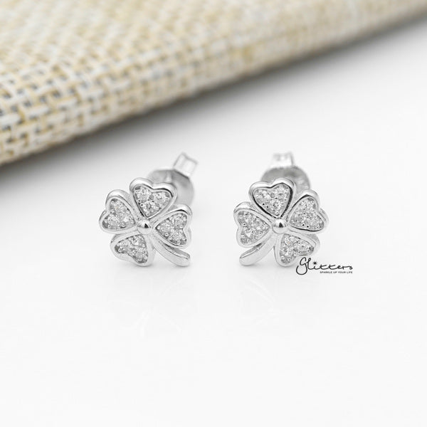 925 Sterling Silver CZ Four Leaf Clover Stud Earrings-Cubic Zirconia, earrings, Jewellery, Stud Earrings, Women's Earrings, Women's Jewellery-SSE0136_2__600-Glitters