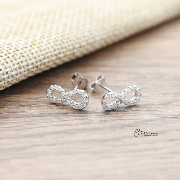 925 Sterling Silver CZ Paved Infinity Symbol Stud Earrings-Cubic Zirconia, earrings, Jewellery, Stud Earrings, Women's Earrings, Women's Jewellery-SSE0166-01_600-Glitters