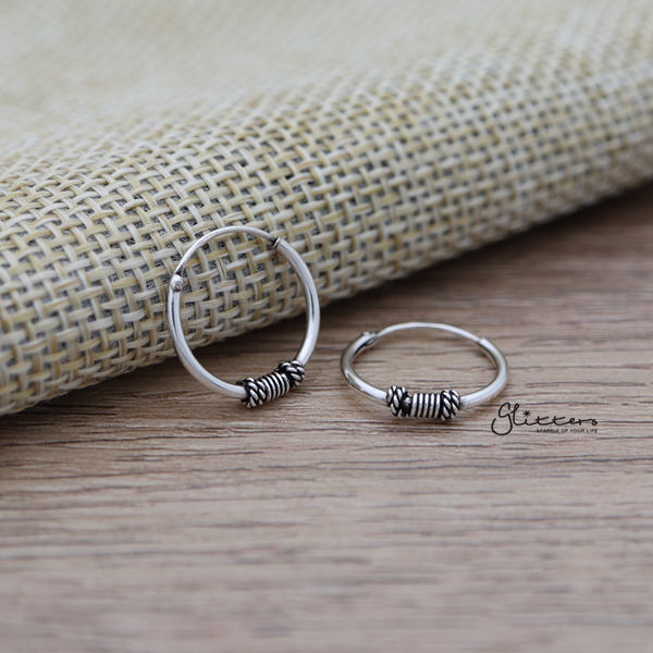 Sterling Silver Bali Hoop Sleeper Earrings - 14mm - SSE0240-earrings, Hoop Earrings, Jewellery, Women's Earrings, Women's Jewellery-SSE0240_03-Glitters