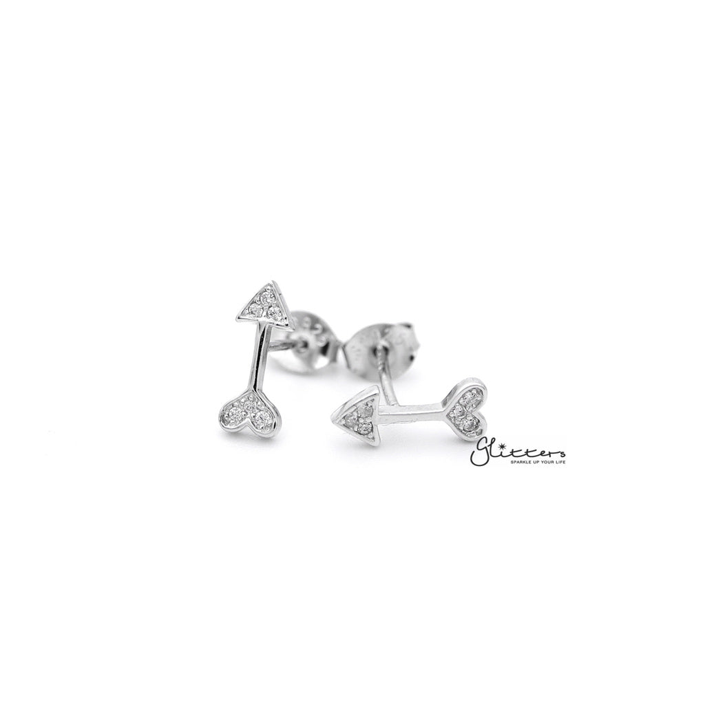 Sterling Silver Arrow and Heart with C.Z Paved Women's Stud Earrings-Cubic Zirconia, earrings, Jewellery, Stud Earrings, Women's Earrings, Women's Jewellery-SSE0261_1000-01-Glitters