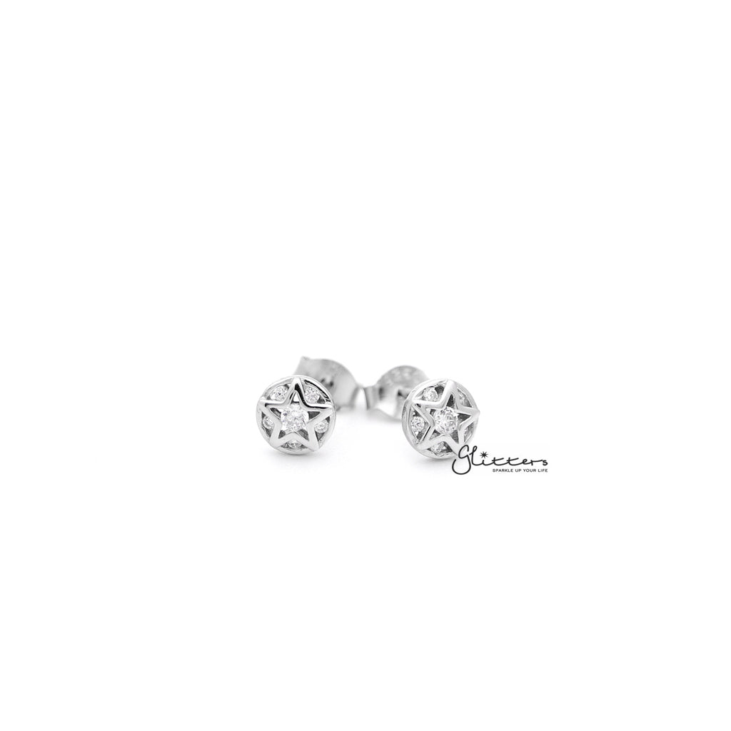Sterling Silver Circle Star with C.Z Women's Stud Earrings-Cubic Zirconia, earrings, Jewellery, Stud Earrings, Women's Earrings, Women's Jewellery-SSE0264_1000-01-Glitters