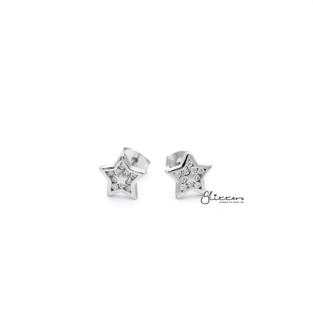 Sterling Silver Star with C.Z Paved Women's Stud Earrings-Cubic Zirconia, earrings, Jewellery, Stud Earrings, Women's Earrings, Women's Jewellery-SSE0270_1000-01-Glitters