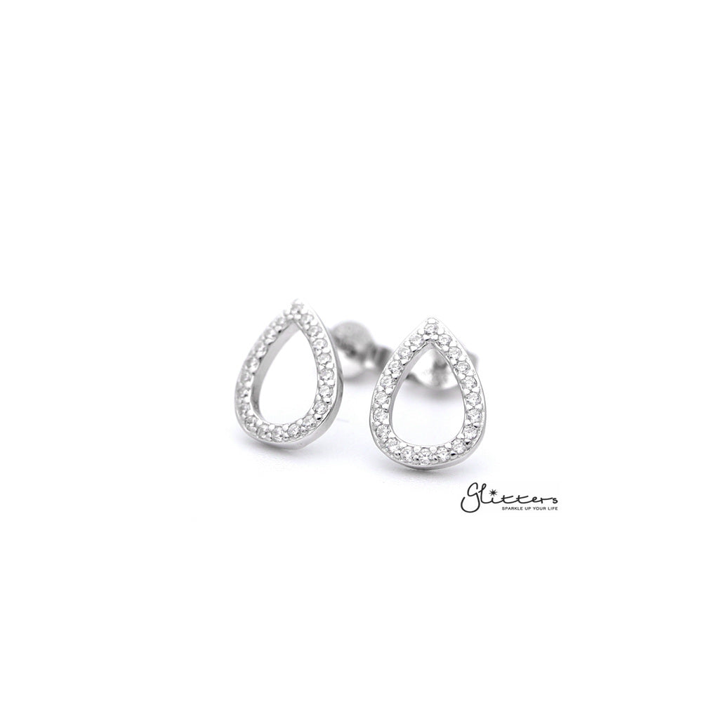 Sterling Silver C.Z Paved Hollow Tear Drop Women's Stud Earrings-Cubic Zirconia, earrings, Jewellery, Stud Earrings, Women's Earrings, Women's Jewellery-SSE0274_1000-01-Glitters