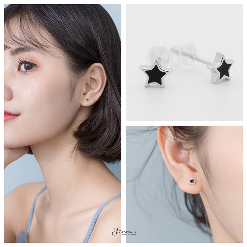 Sterling Silver Black Center Star Shape Stud Earrings-earrings, Jewellery, Stud Earrings, Women's Earrings, Women's Jewellery-SSE0342-3-Glitters