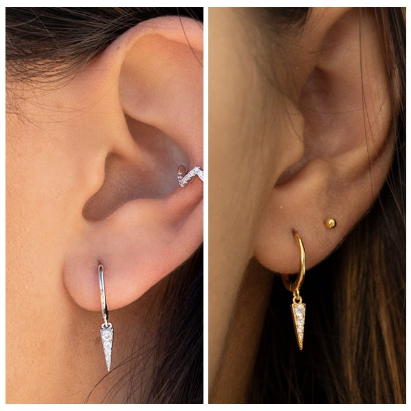 925 Sterling Silver One-Touch Hoop Earrings with Dangle C.Z Spike-Cubic Zirconia, earrings, Hoop Earrings, Jewellery, Women's Earrings, Women's Jewellery-SSE0361-MM-Glitters