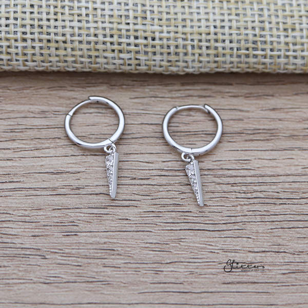 925 Sterling Silver One-Touch Hoop Earrings with Dangle C.Z Spike-Cubic Zirconia, earrings, Hoop Earrings, Jewellery, Women's Earrings, Women's Jewellery-SSE0361-S_600-Glitters