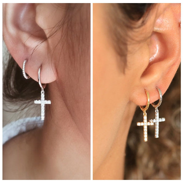 925 Sterling Silver One-Touch Hoop Earrings with Dangle C.Z Cross-Cubic Zirconia, earrings, Hoop Earrings, Jewellery, Women's Earrings, Women's Jewellery-SSE0364-M-Glitters