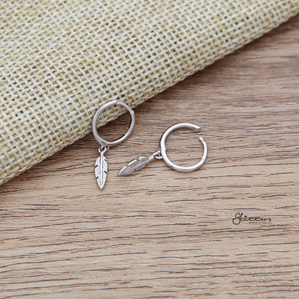 925 Sterling Silver Dangle Feather One-Touch Huggie Hoop Earrings-earrings, Hoop Earrings, Jewellery, Women's Earrings, Women's Jewellery-SSE0365-S_600-Glitters