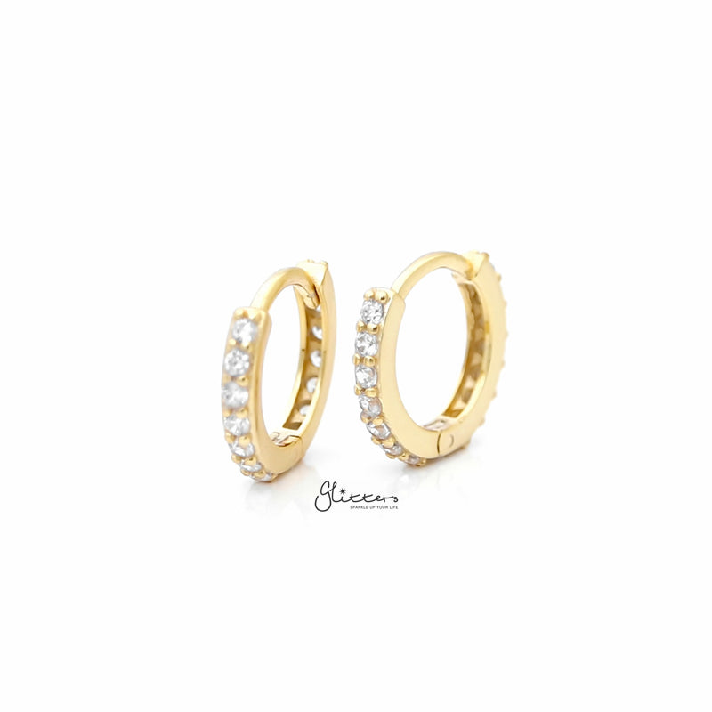 Sterling Silver C.Z Paved One-Touch Huggie Hoop Earrings - Gold-Cubic Zirconia, earrings, Hoop Earrings, Jewellery, Women's Earrings, Women's Jewellery-SSE0369-G-1_800-Glitters